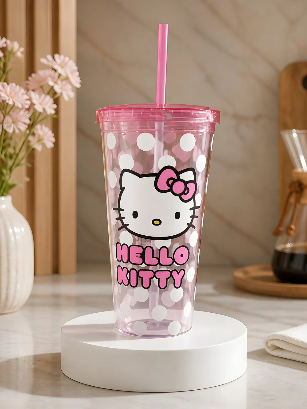 Sanrio Hello Kitty Pink Polka Dot Travel Cup with Straw
